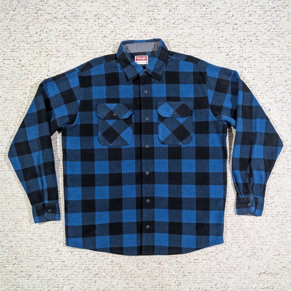 Wrangler Fleece Flannel Shirt Mens Large Blue/Black Buffalo Plaid Pocket Shacket